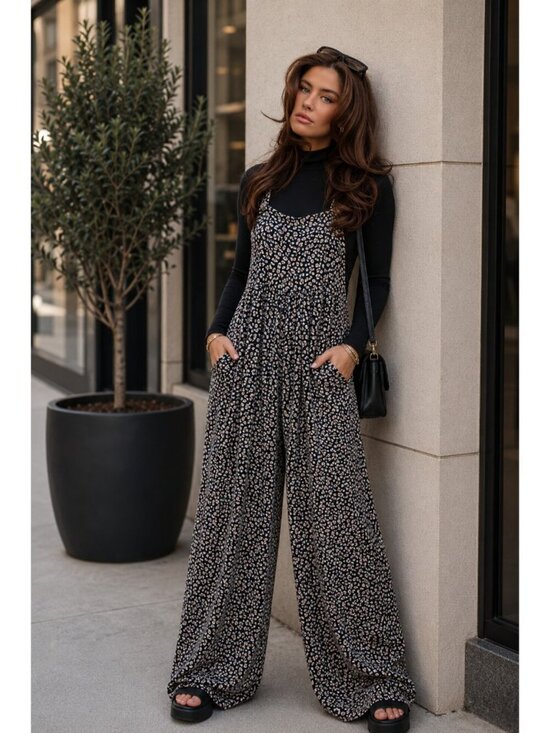 JODIFL Pants - Wild Muse Oversized Leopard Animal Print Jumpsuit Overalls in Black Small